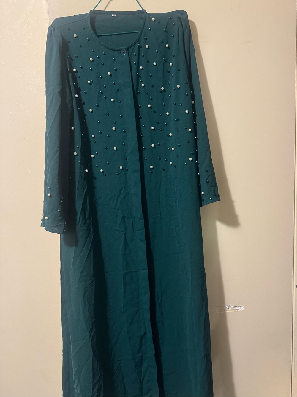 Pearl-Embellished Long Sleeve Maxi Dress - Teal